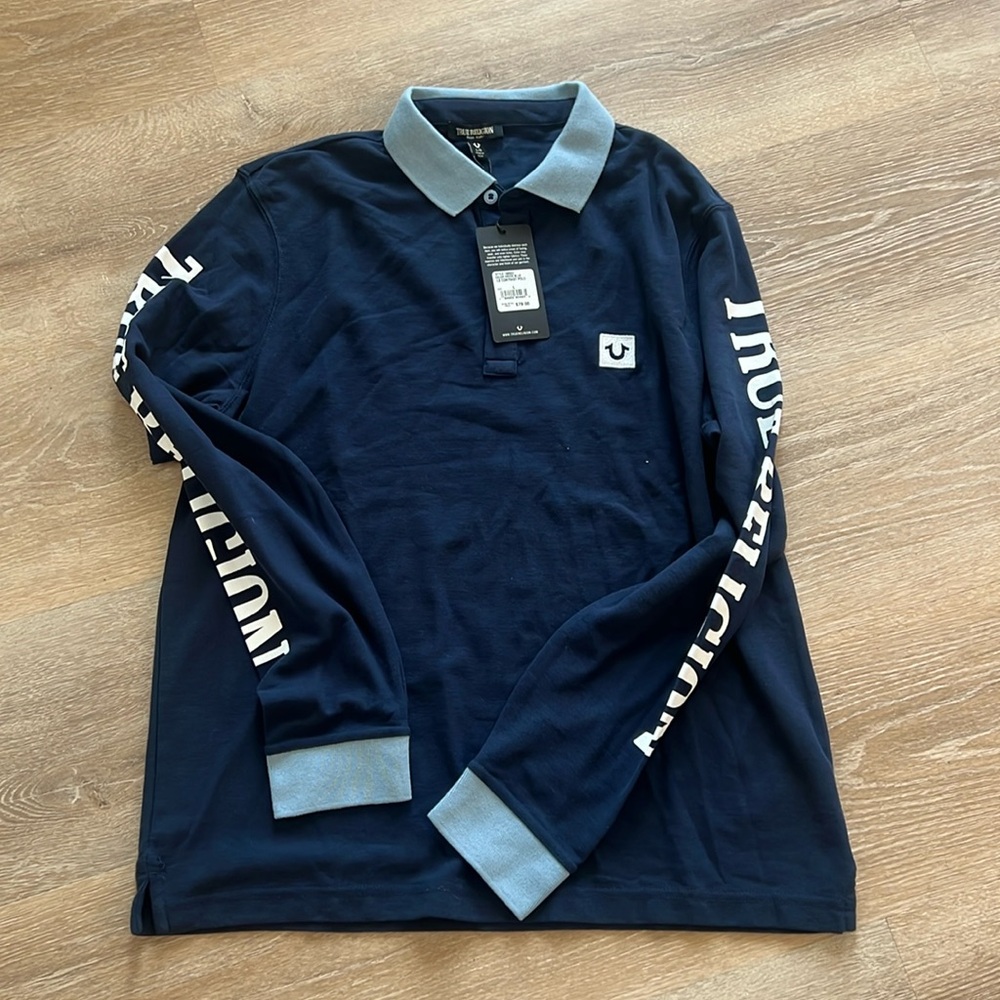 NWT True Religion long sleeve Contrast Polo dress blue navy size L